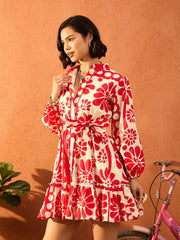 Women Red & Beige Floral Front Button Short Dress-SFDRSS13108