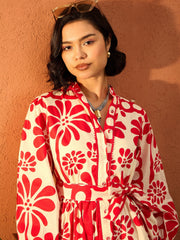 Women Red & Beige Floral Front Button Short Dress-SFDRSS13108