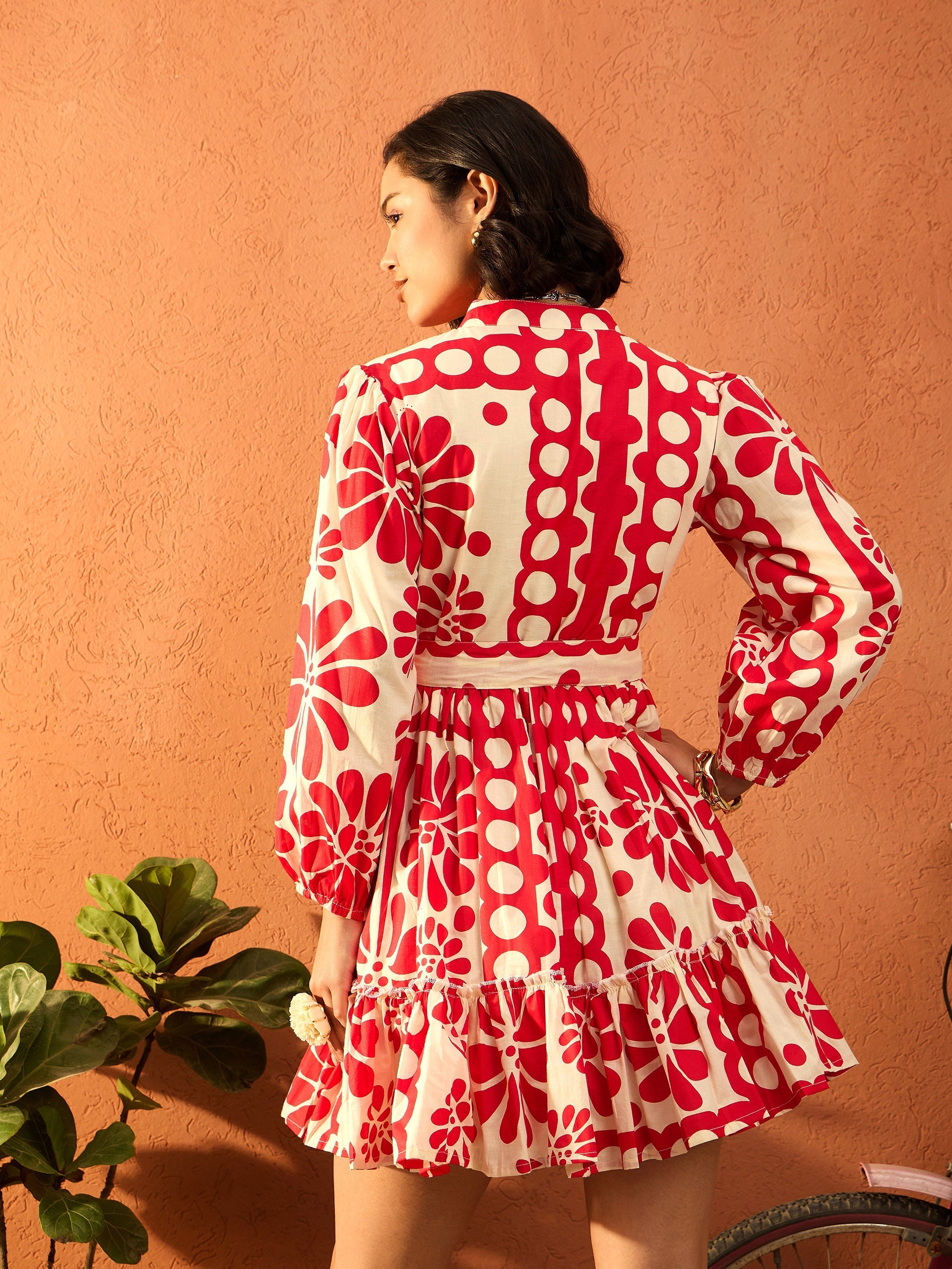 Women Red & Beige Floral Front Button Short Dress-SFDRSS13108