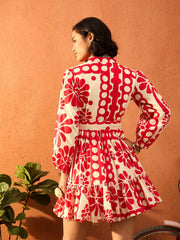 Women Red & Beige Floral Front Button Short Dress-SFDRSS13108