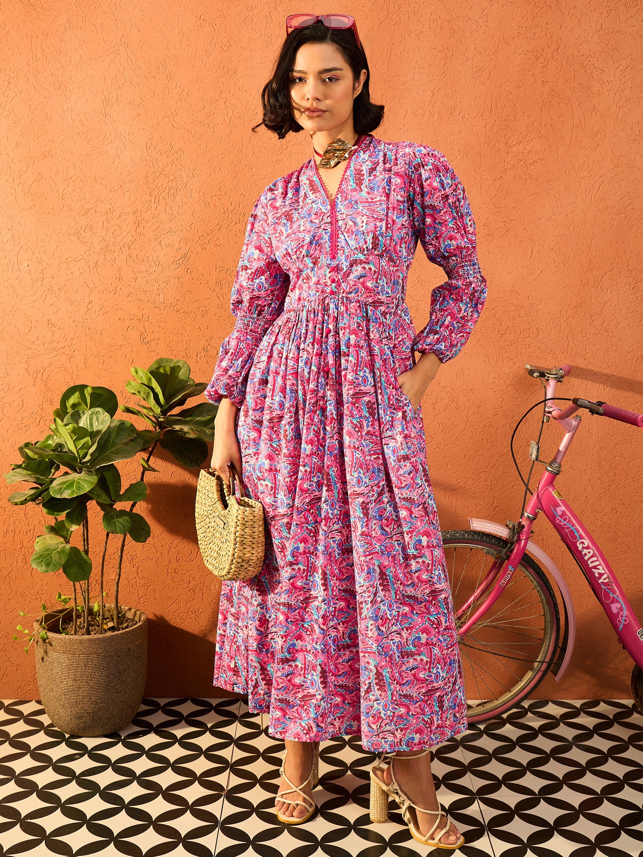 Women Pink Paisley V Neck Gathered Maxi Dress-SFDRSS13109