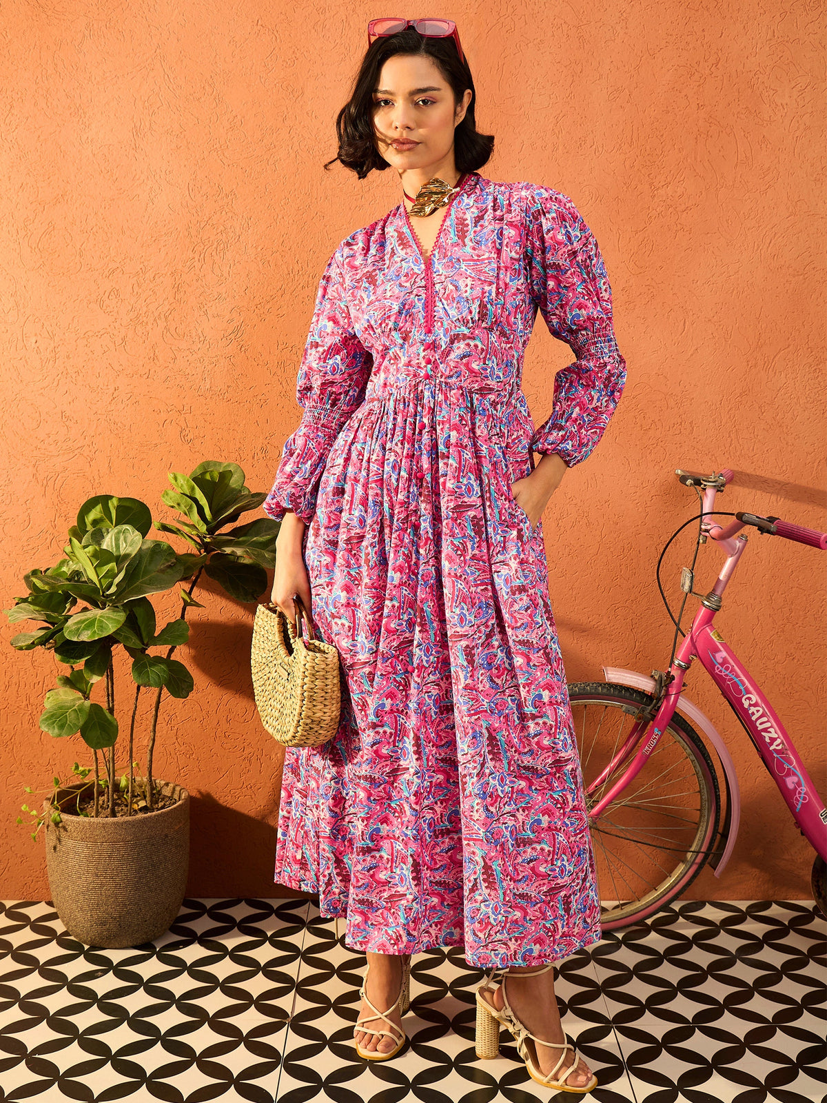 Women Pink Paisley V Neck Gathered Maxi Dress-SFDRSS13109