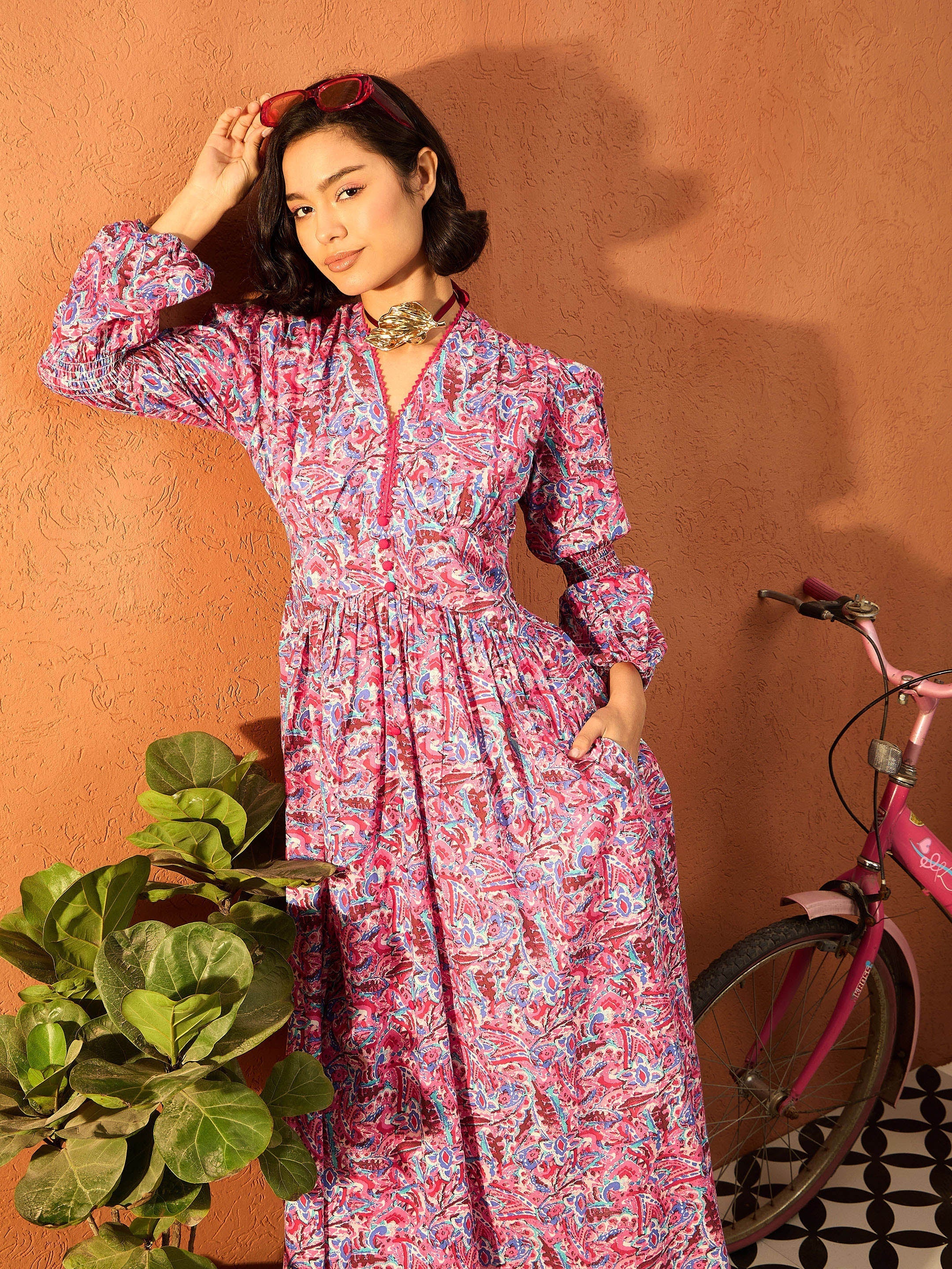 Women Pink Paisley V Neck Gathered Maxi Dress-SFDRSS13109