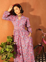 Women Pink Paisley V Neck Gathered Maxi Dress-SFDRSS13109