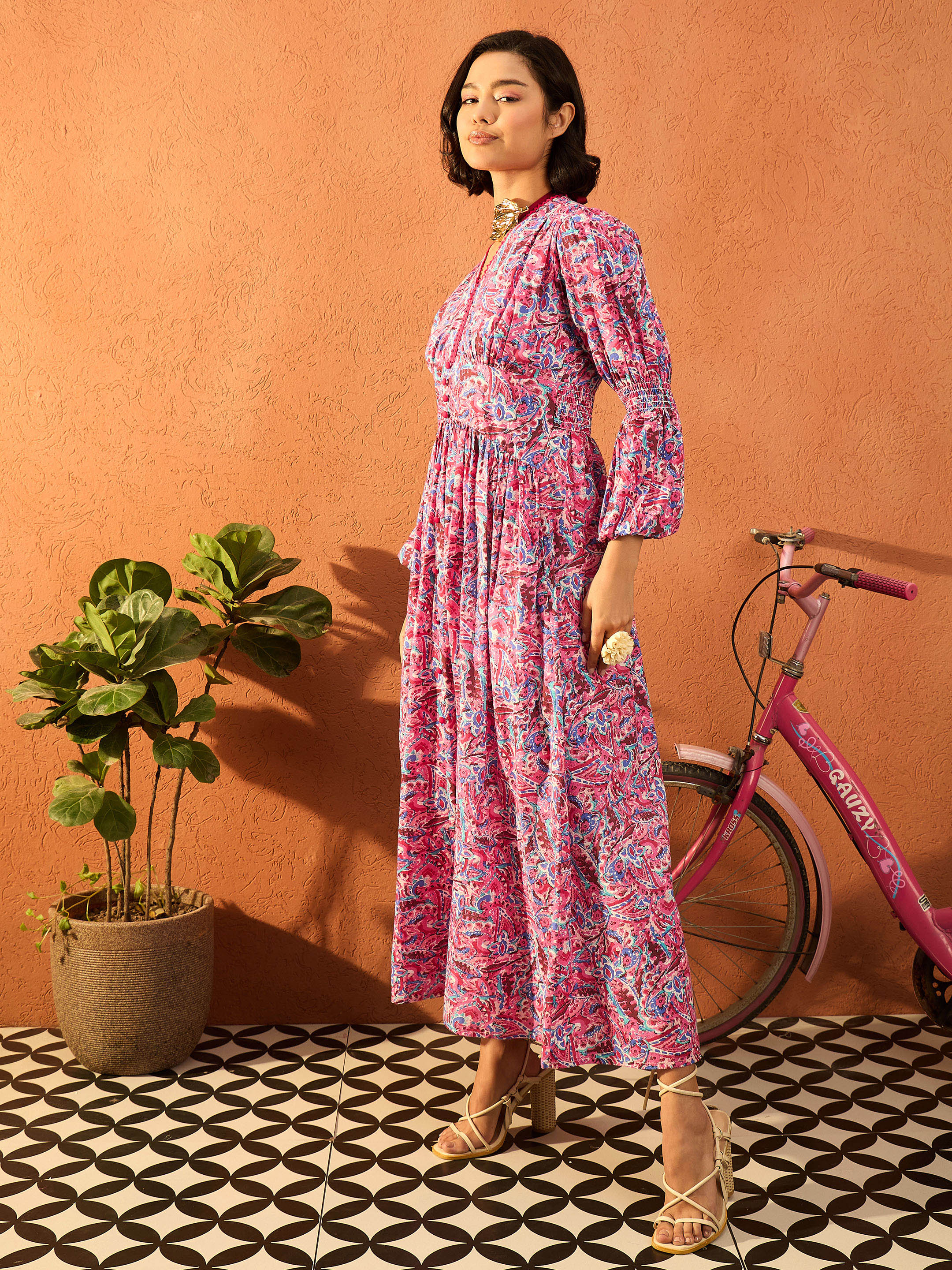 Women Pink Paisley V Neck Gathered Maxi Dress-SFDRSS13109