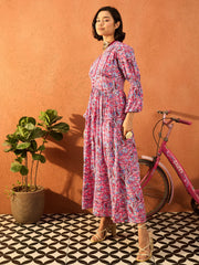 Women Pink Paisley V Neck Gathered Maxi Dress-SFDRSS13109