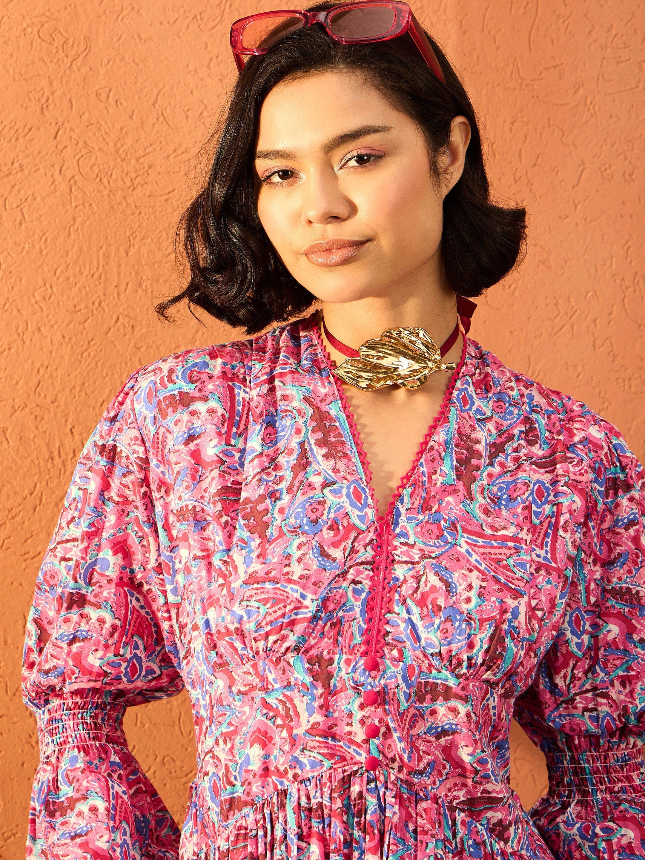 Women Pink Paisley V Neck Gathered Maxi Dress-SFDRSS13109