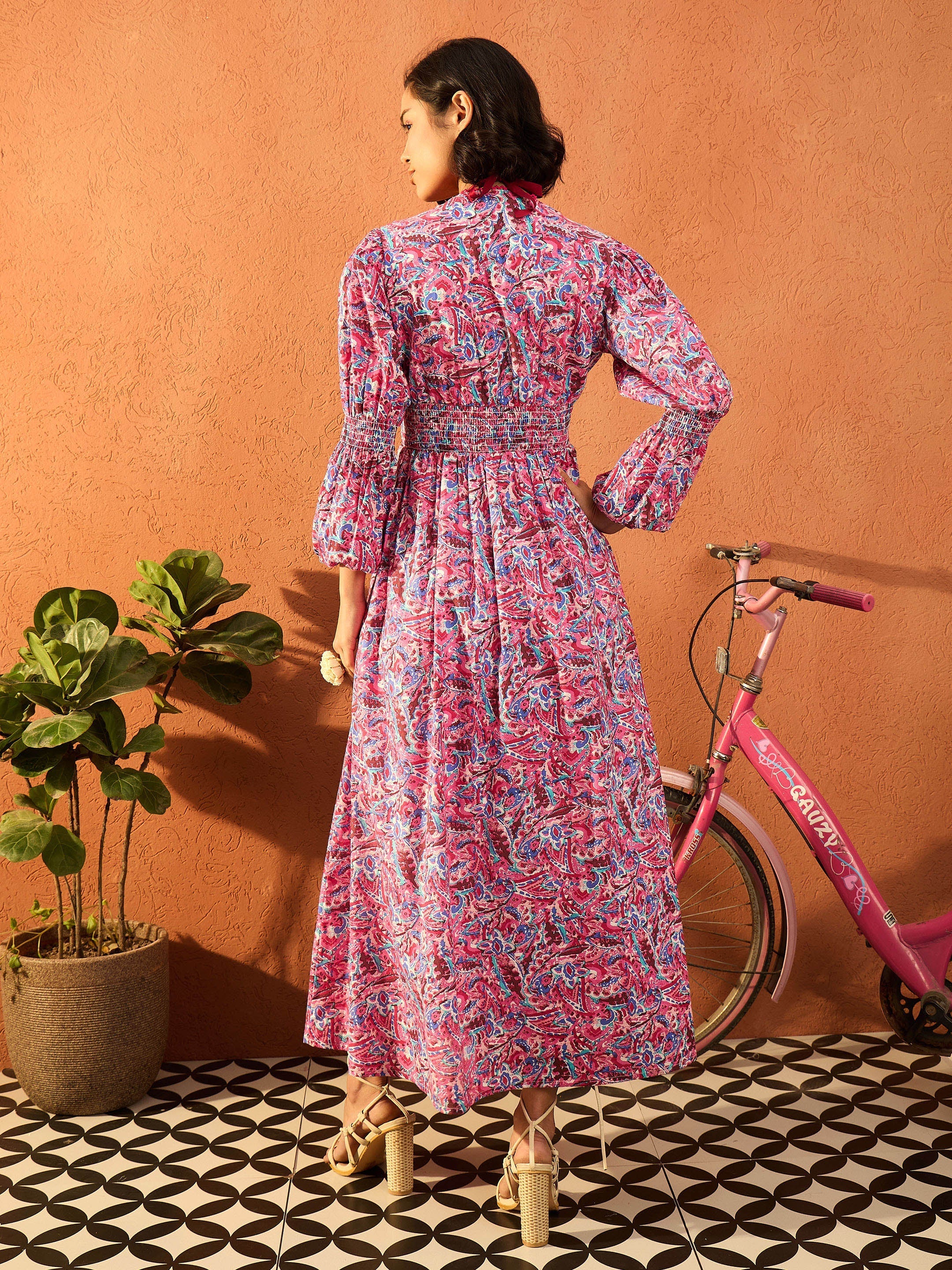 Women Pink Paisley V Neck Gathered Maxi Dress-SFDRSS13109