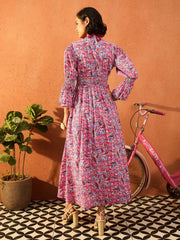 Women Pink Paisley V Neck Gathered Maxi Dress-SFDRSS13109