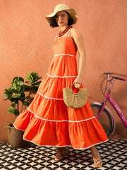 Women Orange Ric Rac Lace Strappy Tiered Maxi Dress-SFDRSS13111