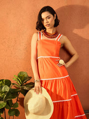 Women Orange Ric Rac Lace Strappy Tiered Maxi Dress-SFDRSS13111
