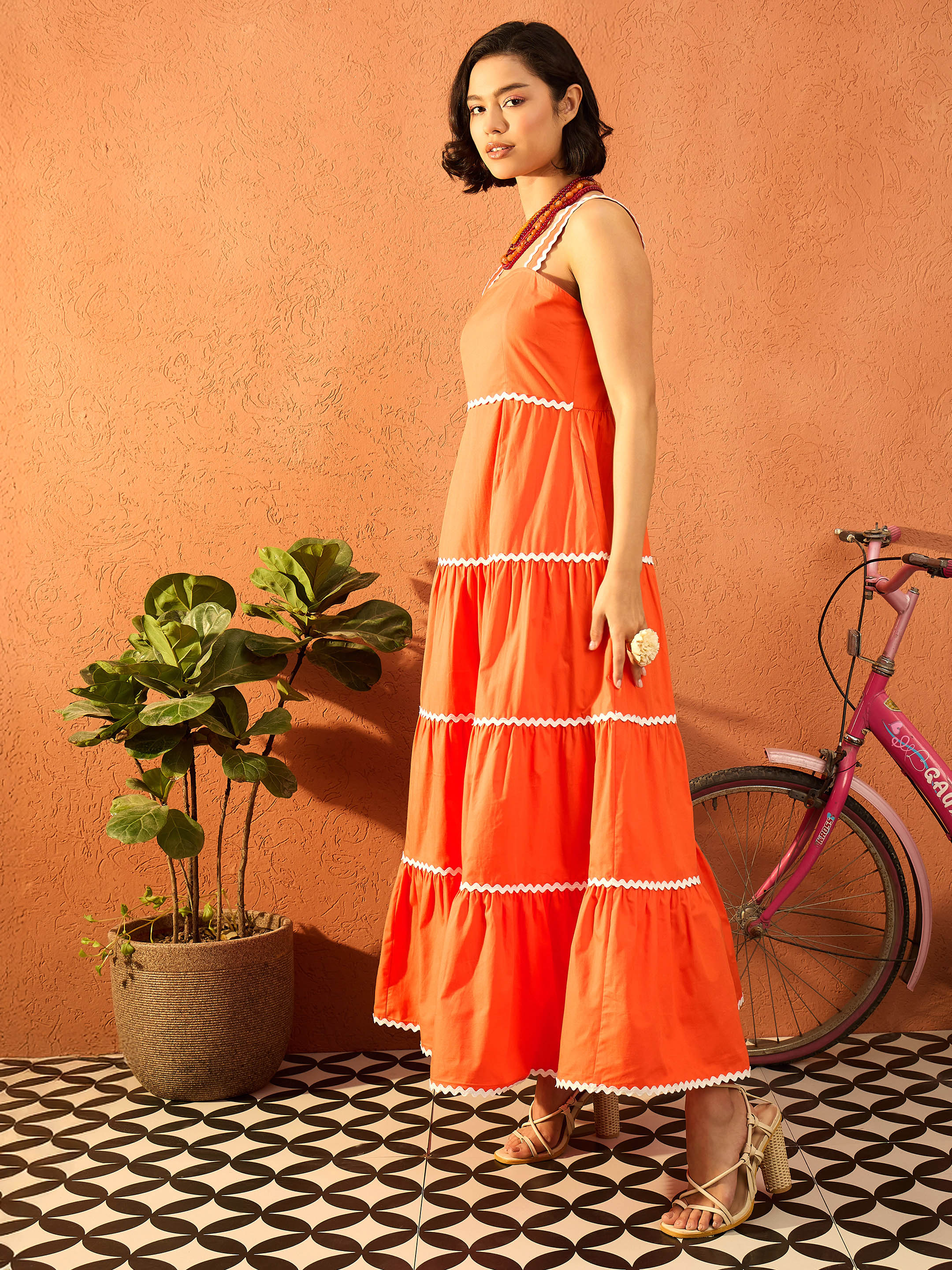 Women Orange Ric Rac Lace Strappy Tiered Maxi Dress-SFDRSS13111