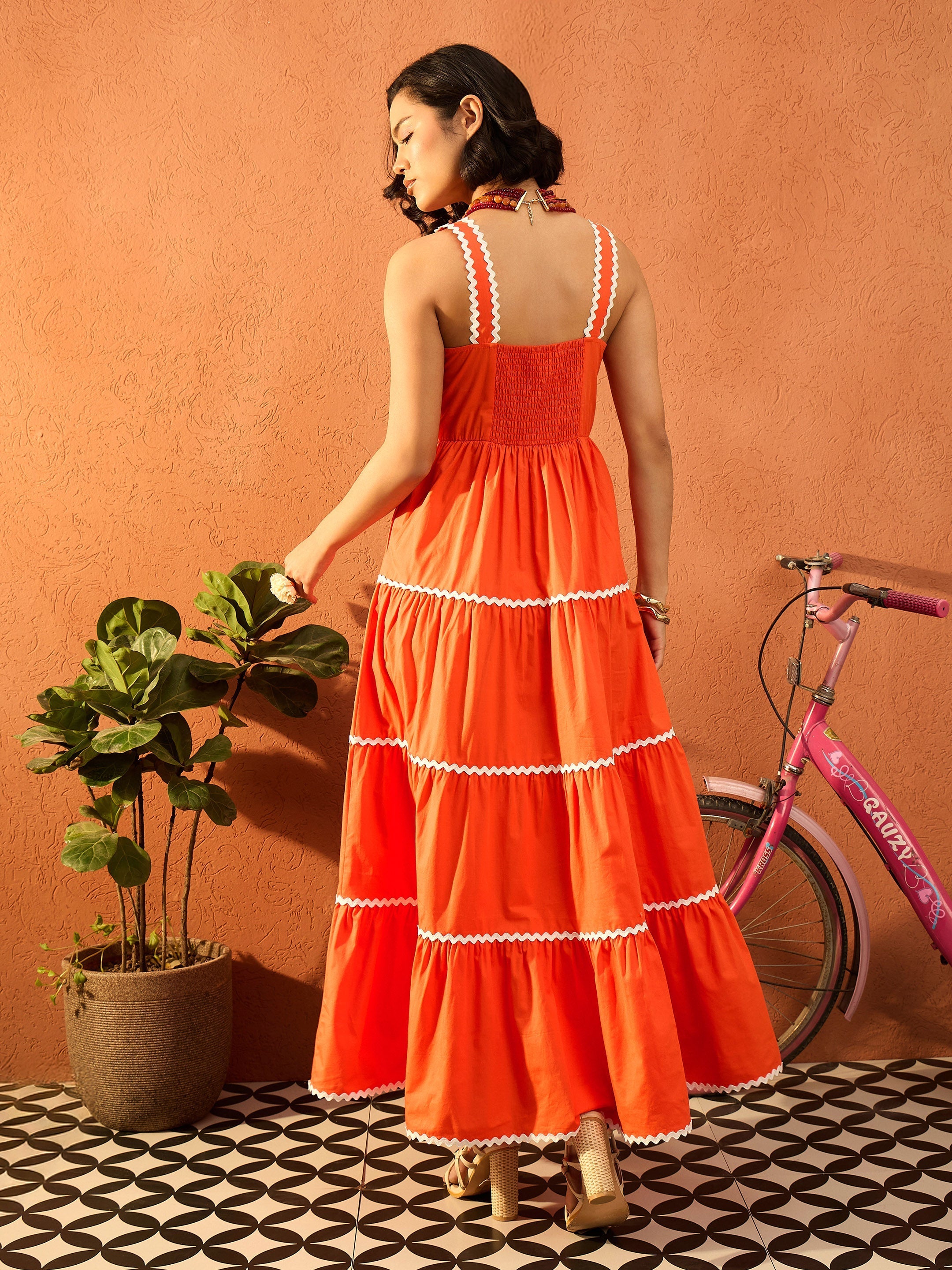 Women Orange Ric Rac Lace Strappy Tiered Maxi Dress-SFDRSS13111