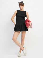 Women Black Rib Balloon Hem Detail Short Dress-SFDRSS13117