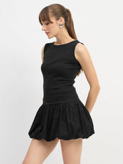 Women Black Rib Balloon Hem Detail Short Dress-SFDRSS13117