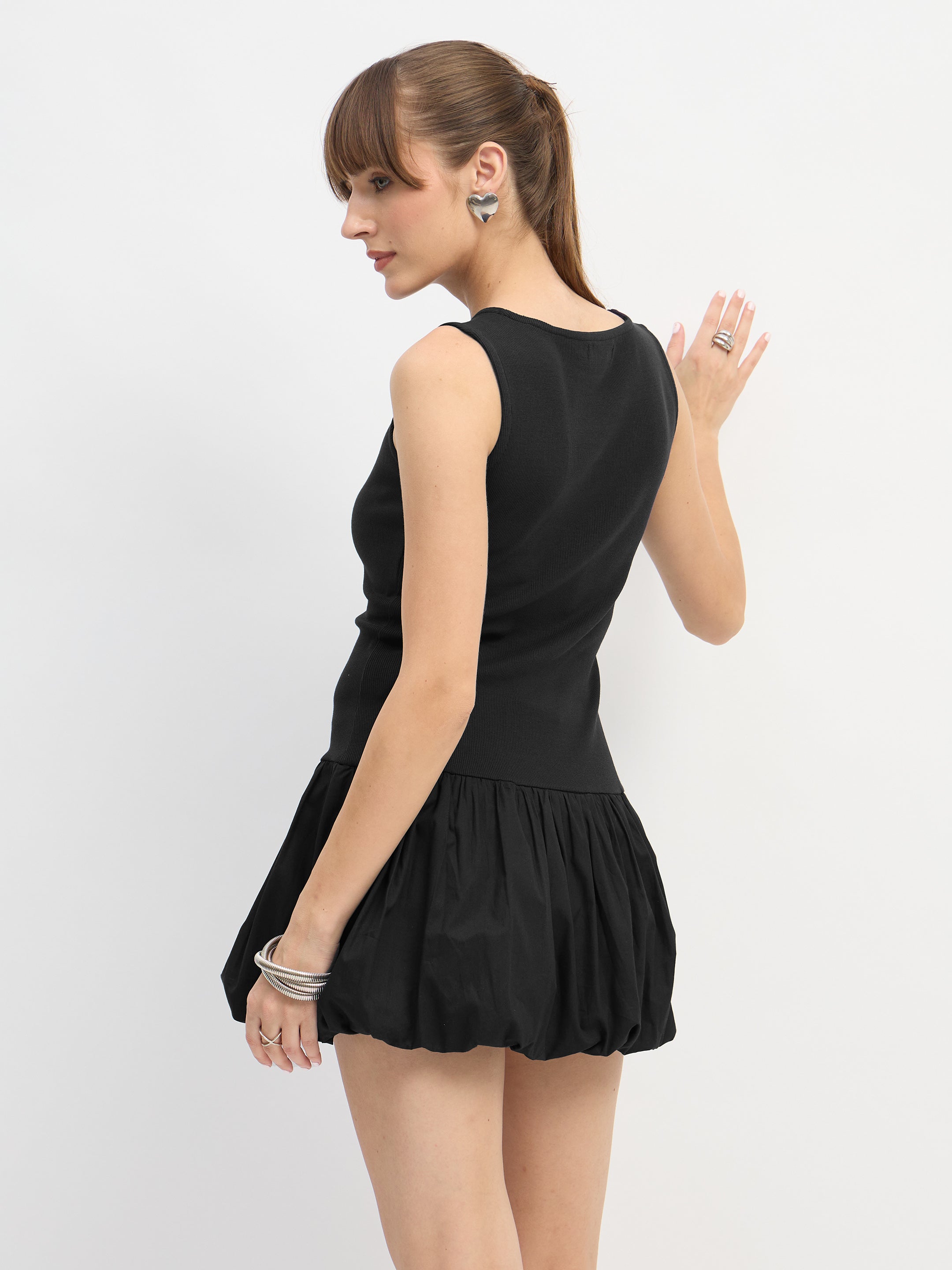 Women Black Rib Balloon Hem Detail Short Dress-SFDRSS13117