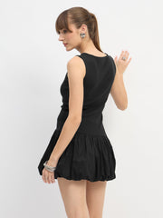 Women Black Rib Balloon Hem Detail Short Dress-SFDRSS13117