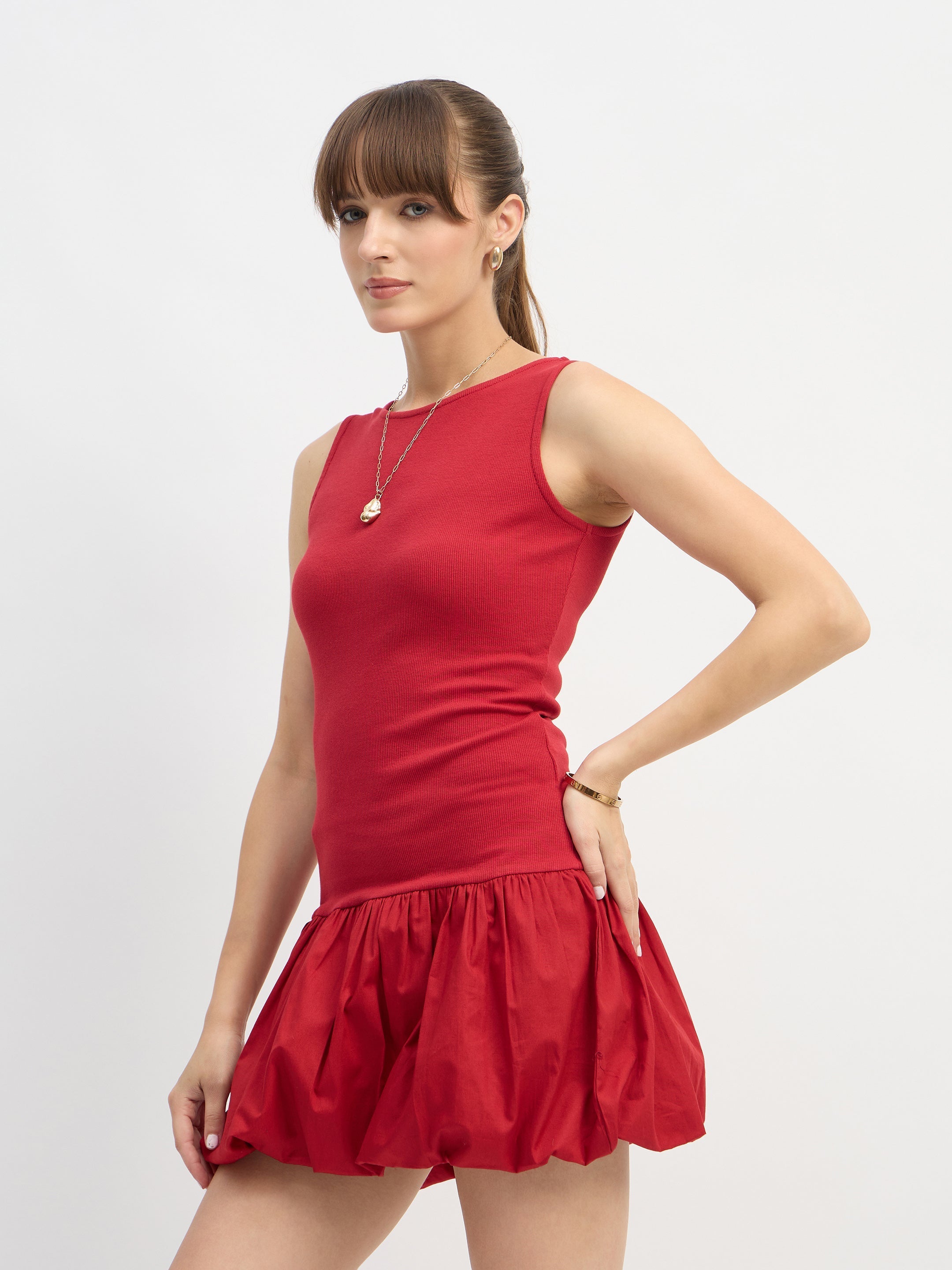 Women Red Rib Balloon Hem Detail Short Dress-SFDRSS13118