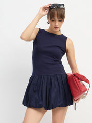 Women Navy Blue Rib Balloon Hem Detail Short Dress-SFDRSS13119