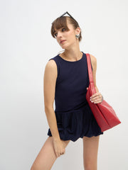 Women Navy Blue Rib Balloon Hem Detail Short Dress-SFDRSS13119