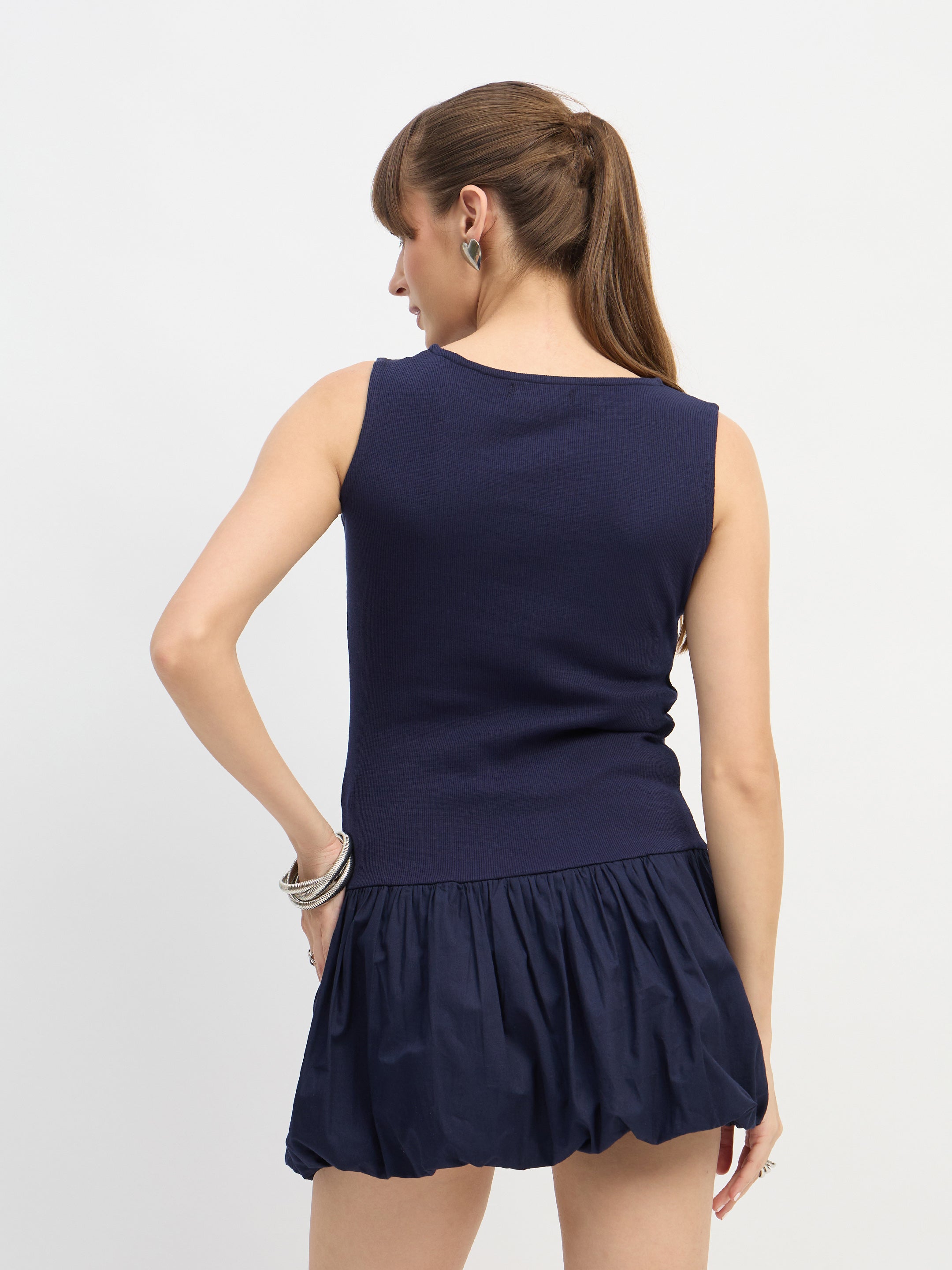 Women Navy Blue Rib Balloon Hem Detail Short Dress-SFDRSS13119