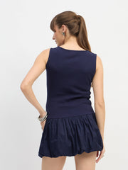 Women Navy Blue Rib Balloon Hem Detail Short Dress-SFDRSS13119