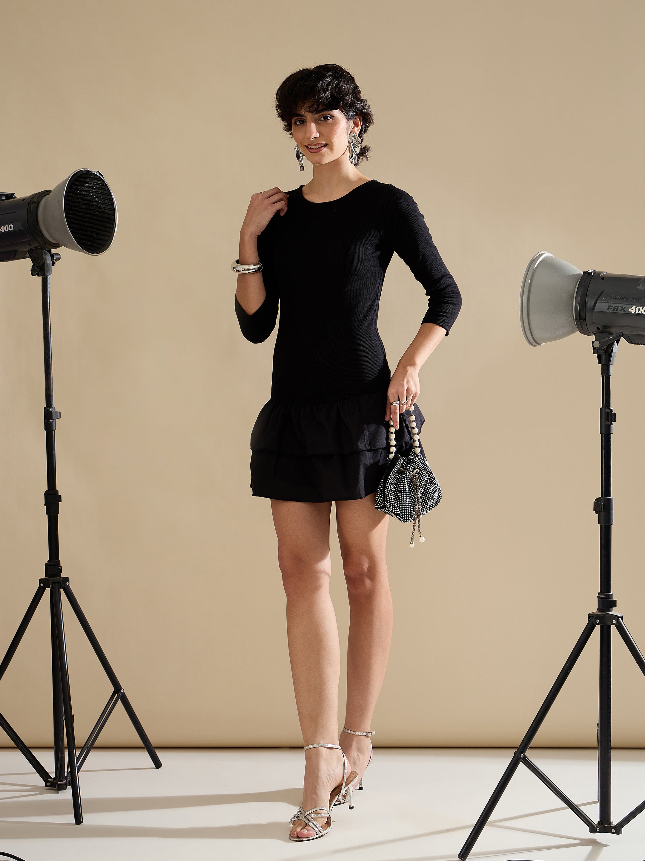Women Black Rib Ruffle Hem Short Dress-SFDRSS13120