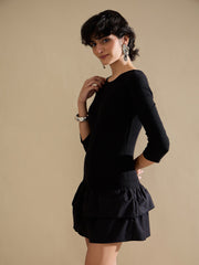 Women Black Rib Ruffle Hem Short Dress-SFDRSS13120