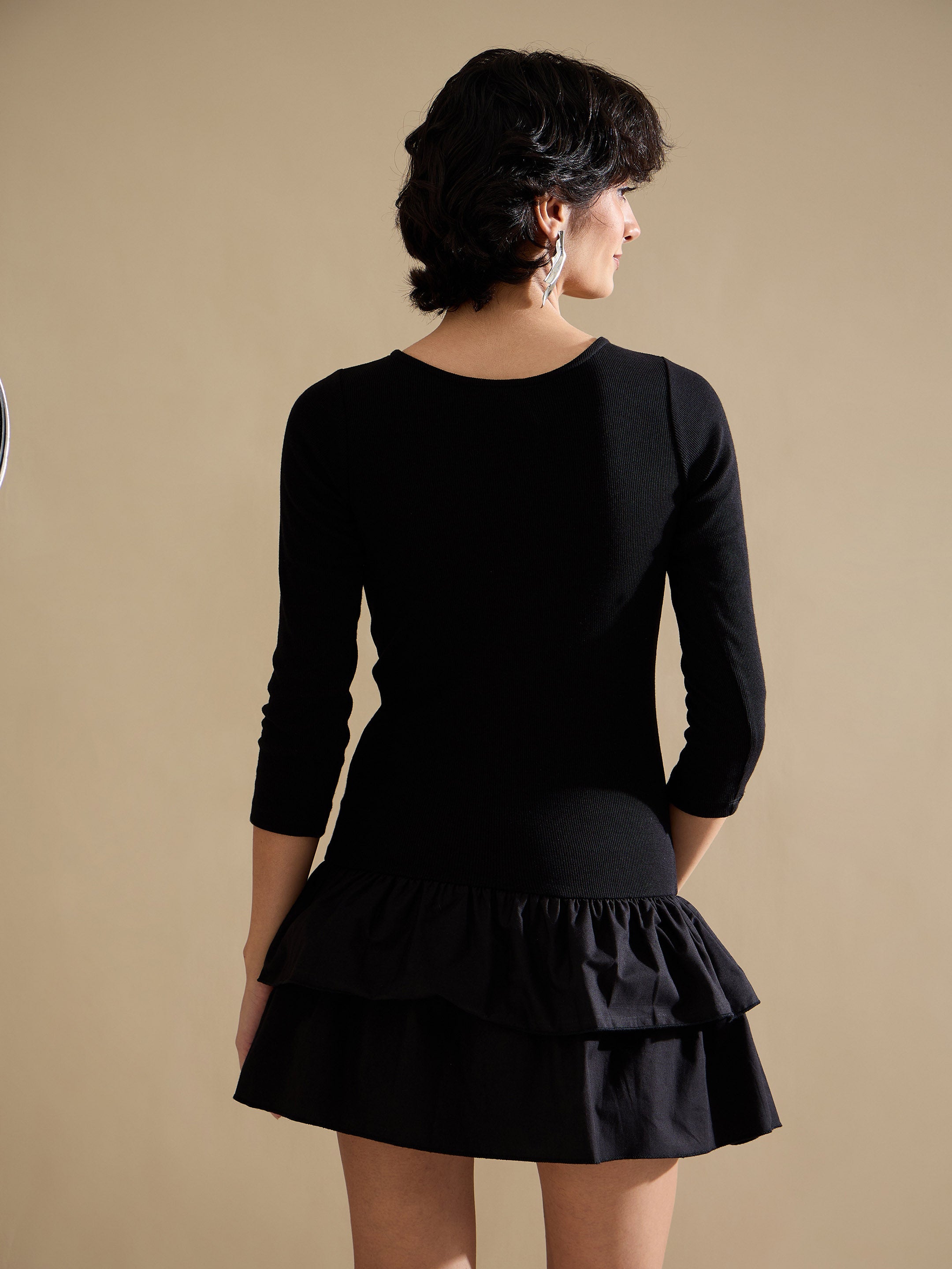Women Black Rib Ruffle Hem Short Dress-SFDRSS13120