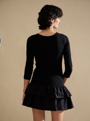 Women Black Rib Ruffle Hem Short Dress-SFDRSS13120