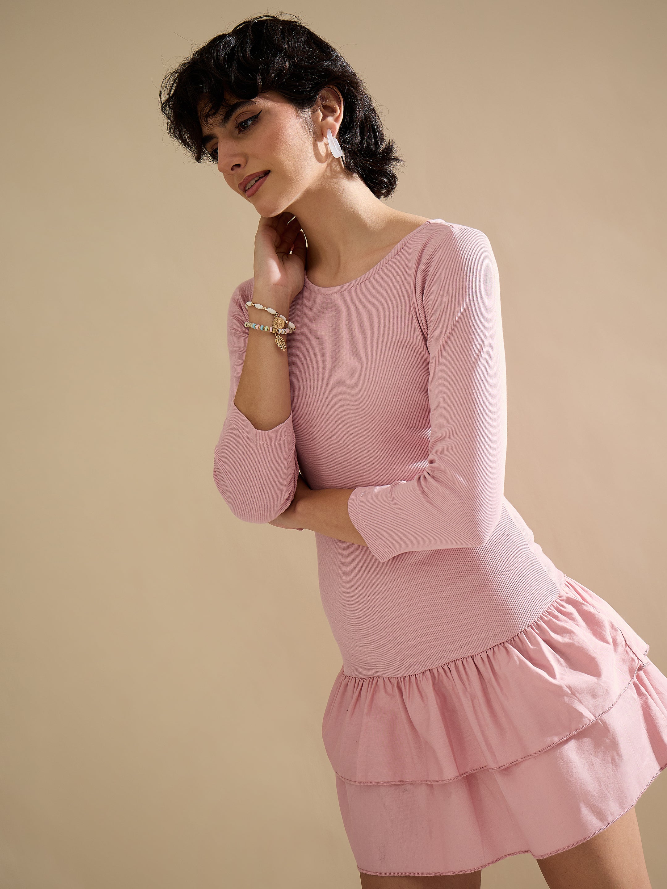 Women Pink Rib Ruffle Hem Short Dress-SFDRSS13121