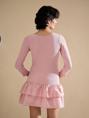 Women Pink Rib Ruffle Hem Short Dress-SFDRSS13121