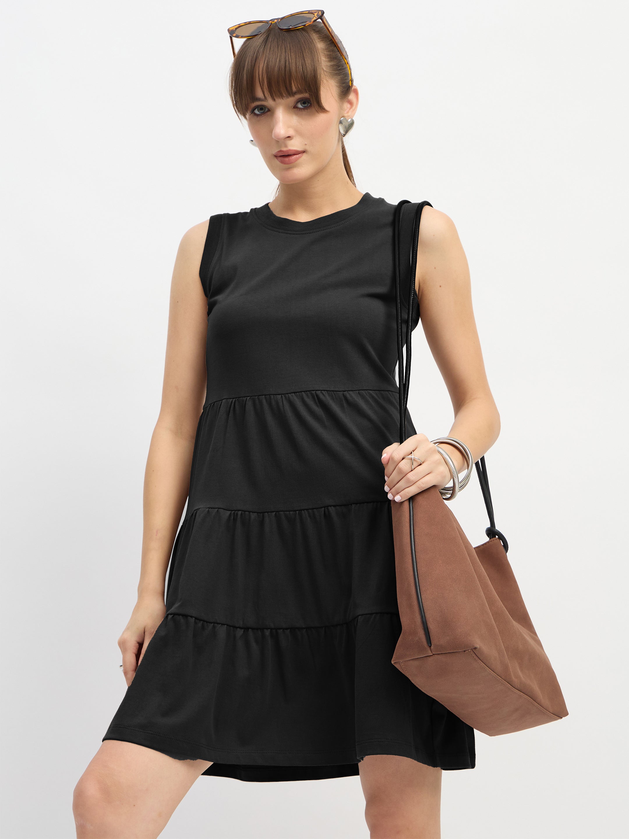 Women Black Jersey Sleeveless Tiered Short Dress-SFDRSS13125