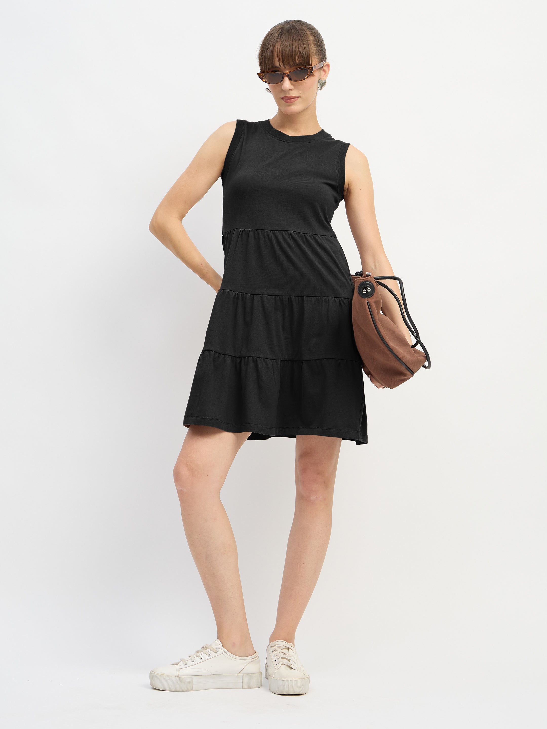 Women Black Jersey Sleeveless Tiered Short Dress-SFDRSS13125