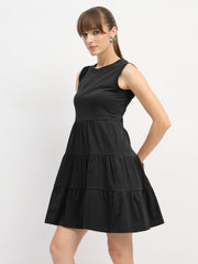 Women Black Jersey Sleeveless Tiered Short Dress-SFDRSS13125