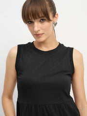 Women Black Jersey Sleeveless Tiered Short Dress-SFDRSS13125