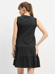 Women Black Jersey Sleeveless Tiered Short Dress-SFDRSS13125