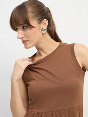 Women Brown Jersey Sleeveless Tiered Short Dress-SFDRSS13126