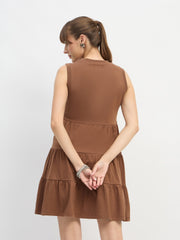 Women Brown Jersey Sleeveless Tiered Short Dress-SFDRSS13126