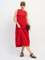 Women Red Sleeveless Tiered Midi Dress-SFDRSS13127