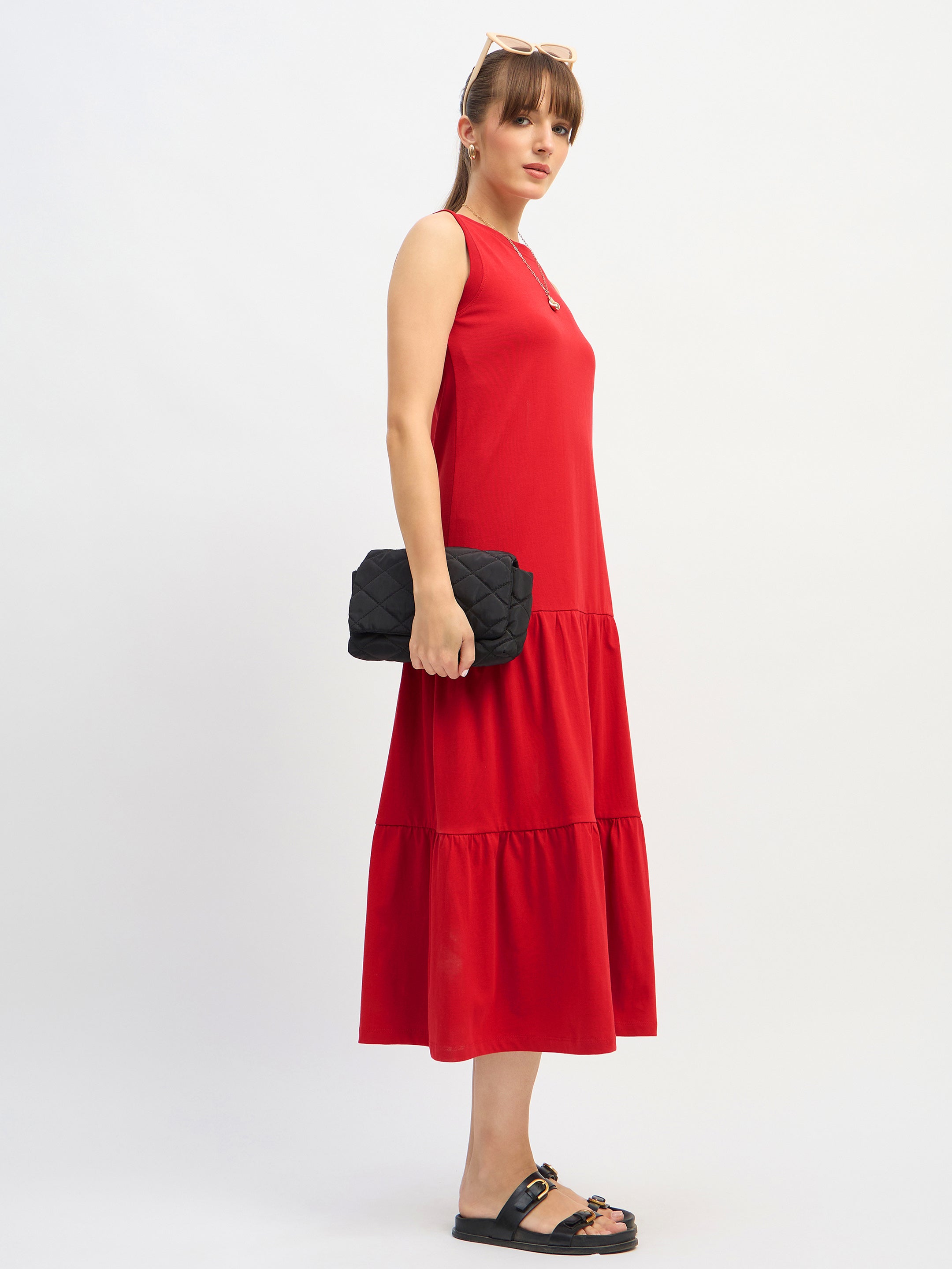 Women Red Sleeveless Tiered Midi Dress-SFDRSS13127