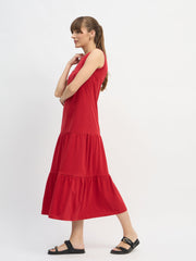 Women Red Sleeveless Tiered Midi Dress-SFDRSS13127