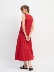 Women Red Sleeveless Tiered Midi Dress-SFDRSS13127