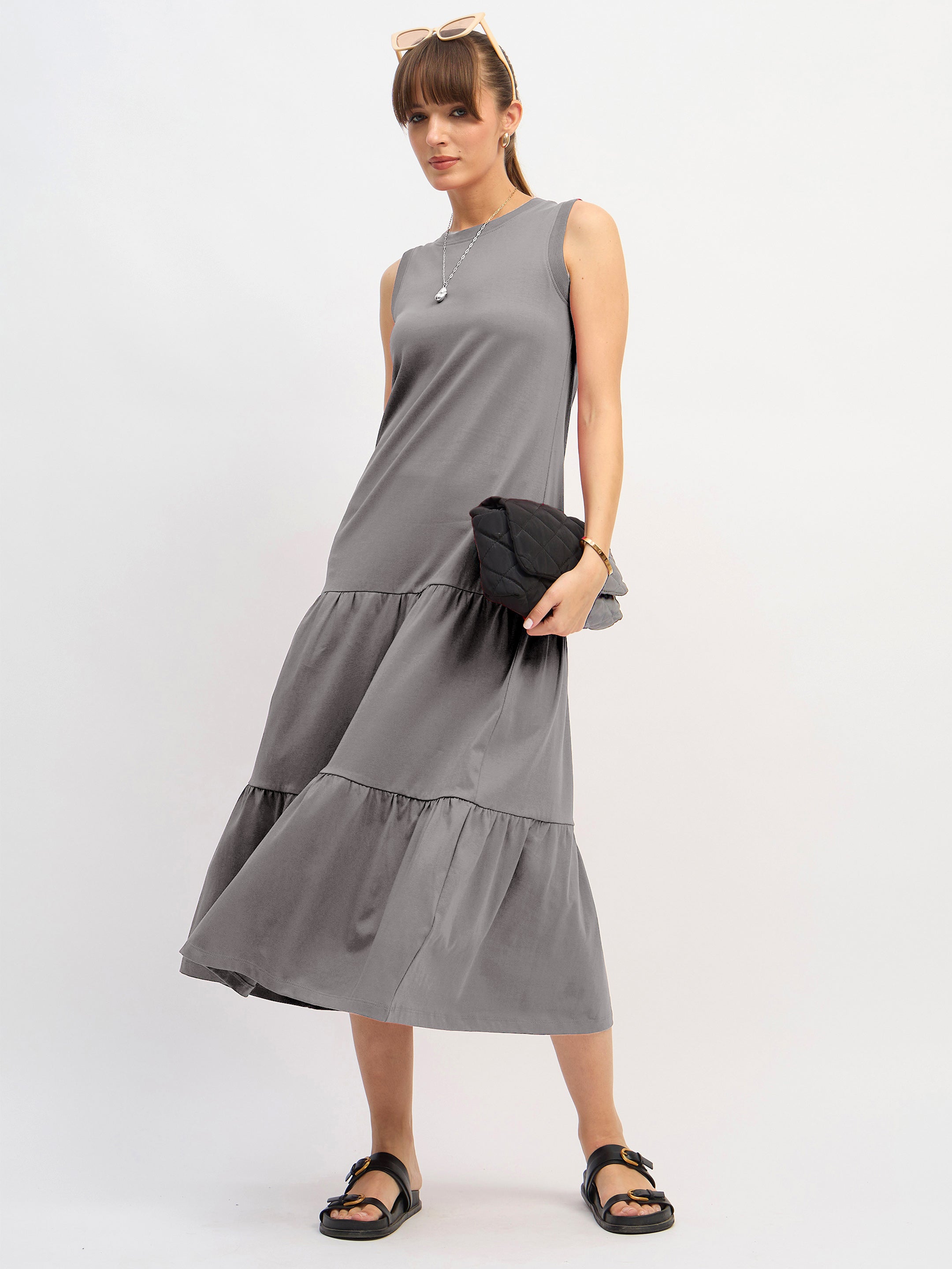 Women Grey Sleeveless Tiered Midi Dress-SFDRSS13128