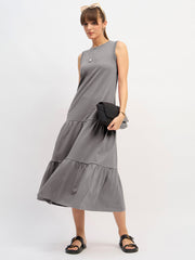 Women Grey Sleeveless Tiered Midi Dress-SFDRSS13128