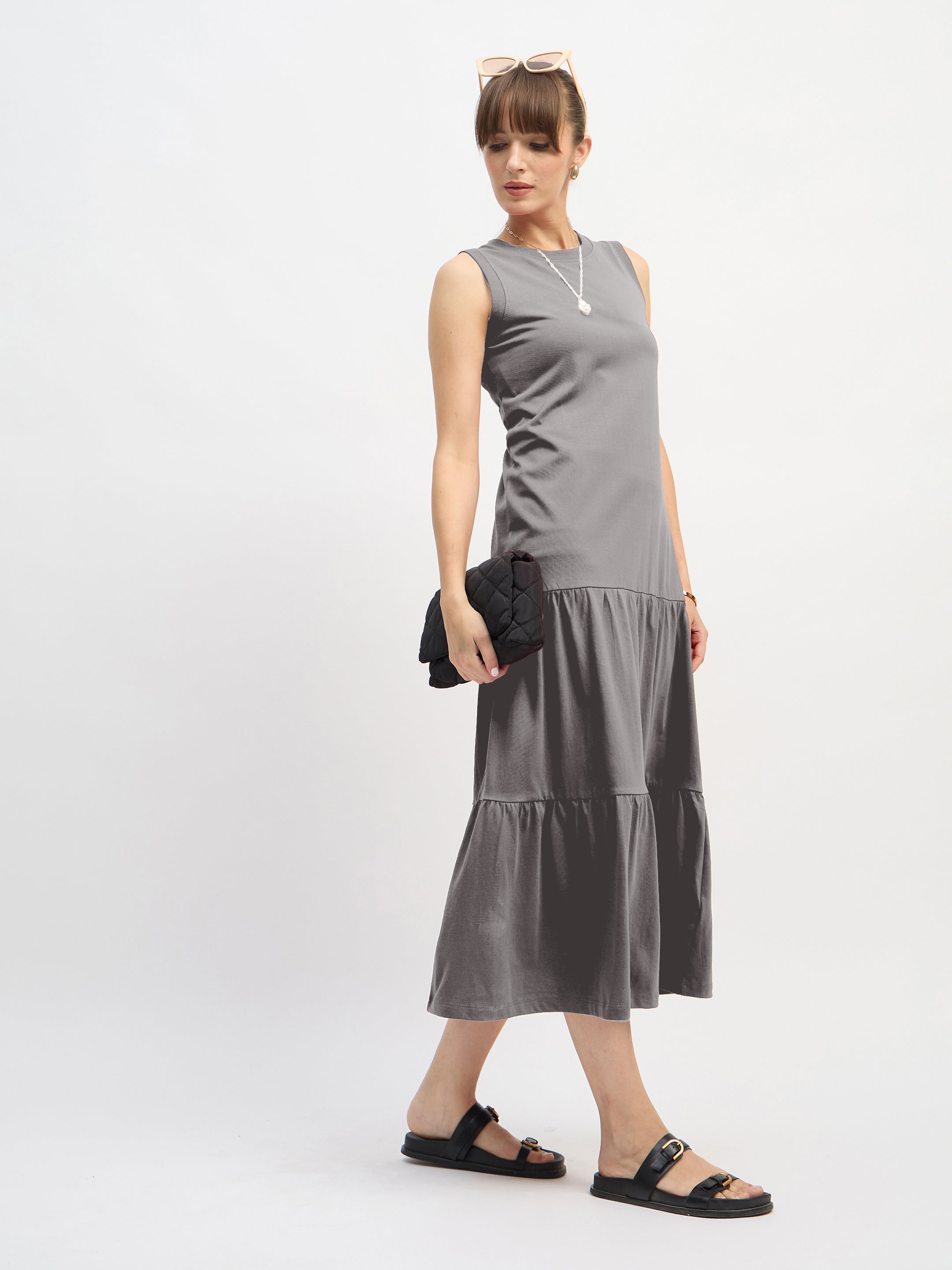 Women Grey Sleeveless Tiered Midi Dress-SFDRSS13128