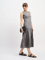 Women Grey Sleeveless Tiered Midi Dress-SFDRSS13128