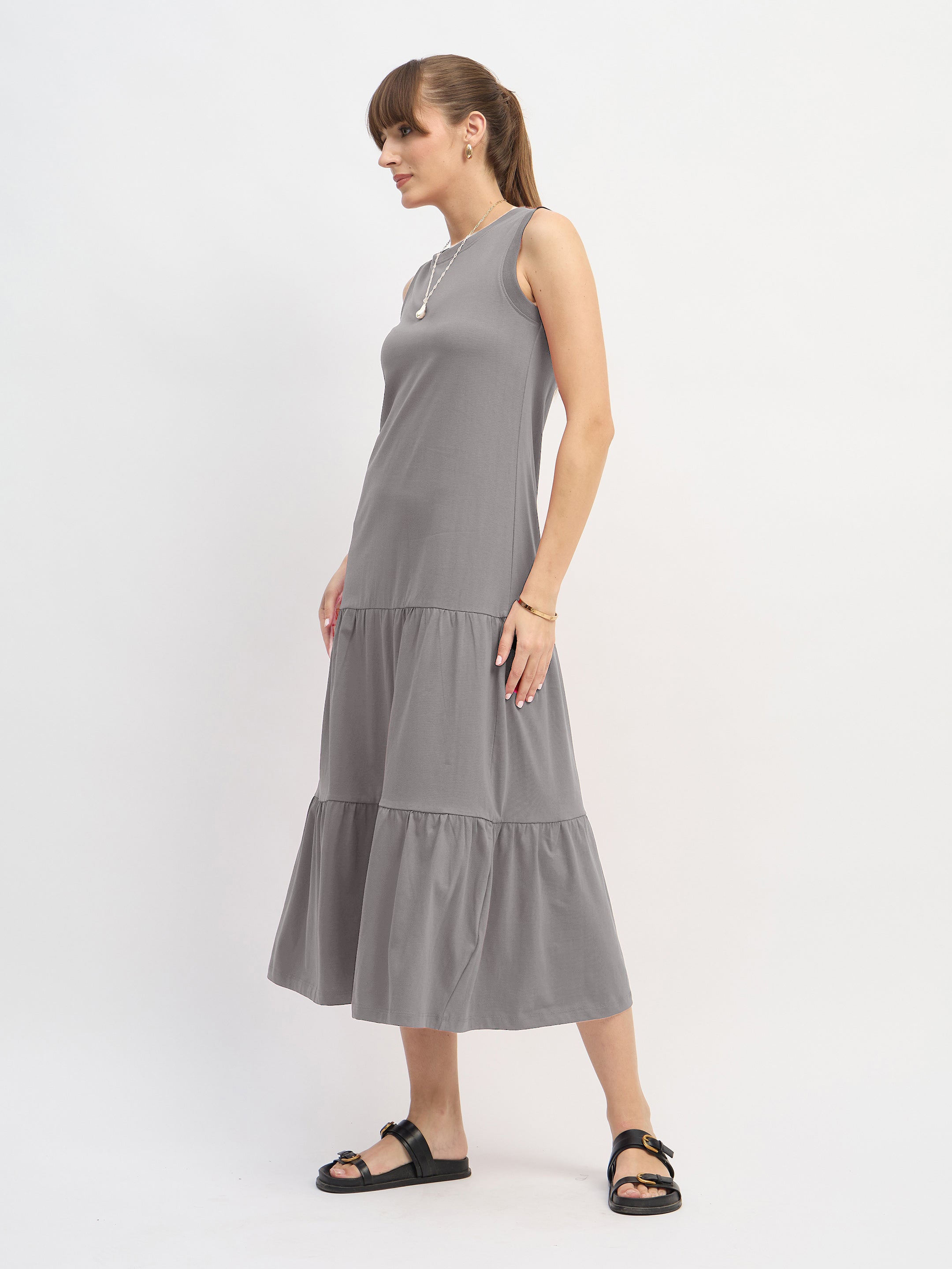 Women Grey Sleeveless Tiered Midi Dress-SFDRSS13128