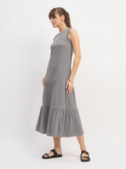 Women Grey Sleeveless Tiered Midi Dress-SFDRSS13128