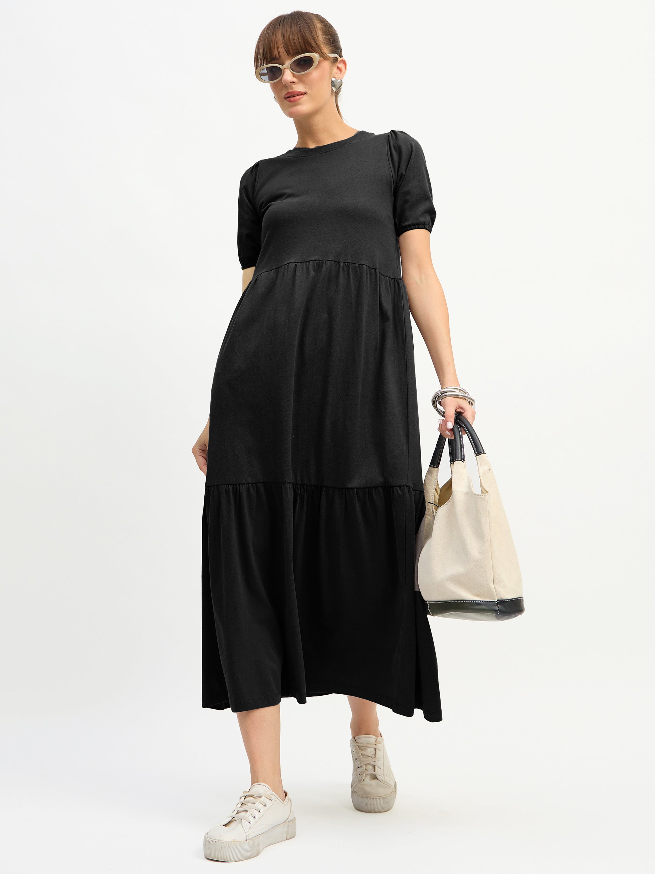Women Black Puff Sleeve Midi Dress-SFDRSS13129